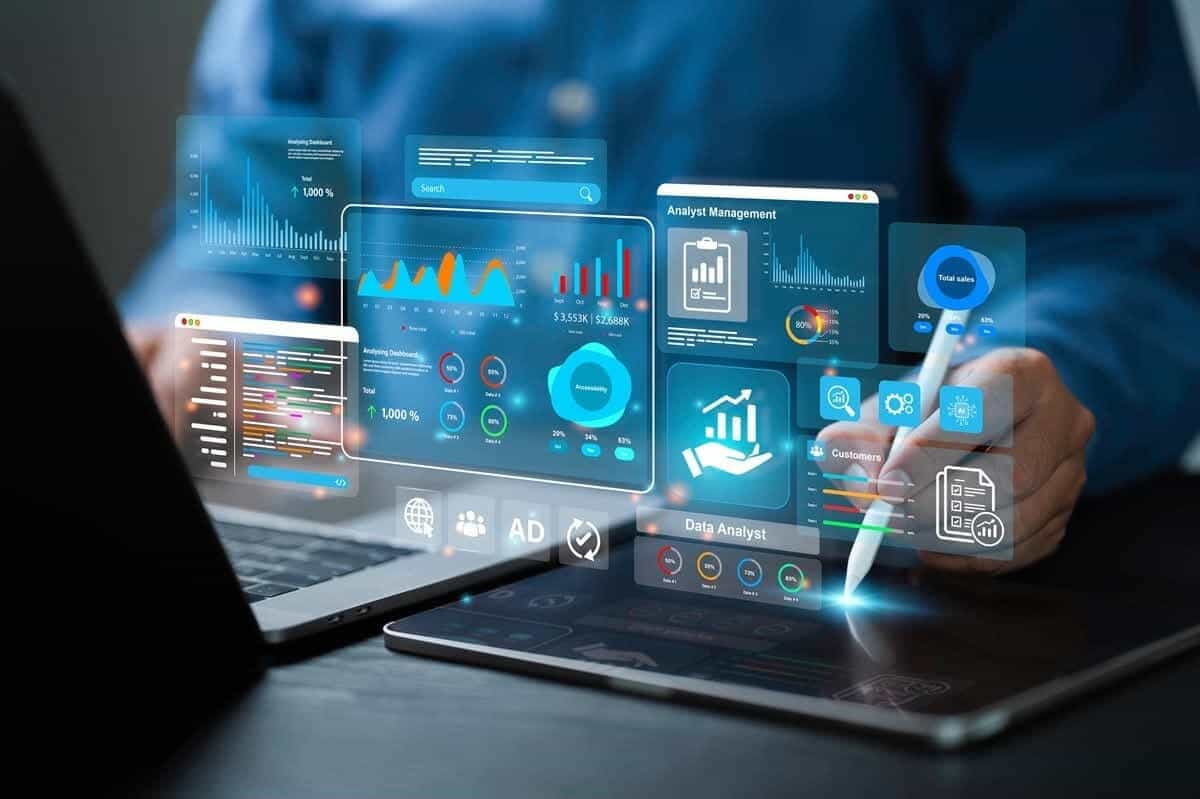 Business intelligence dashboard showing performance metrics, interactive charts, and data visualizations.